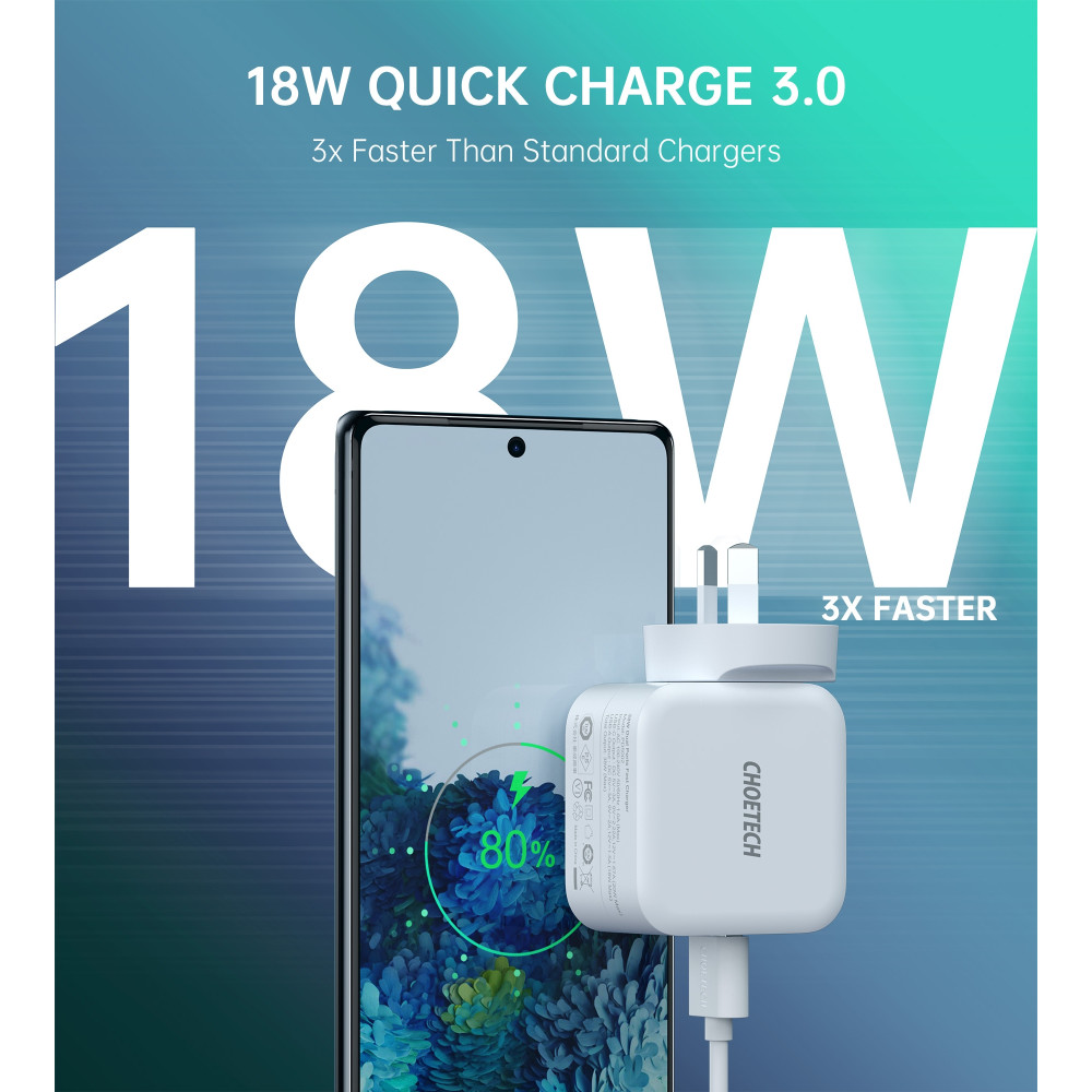 Choetech 6971824978797 PD5002 38W Fast Charging Dual Ports AC Adapter - USB QC3.0 18W + PD 20W White - Image 5