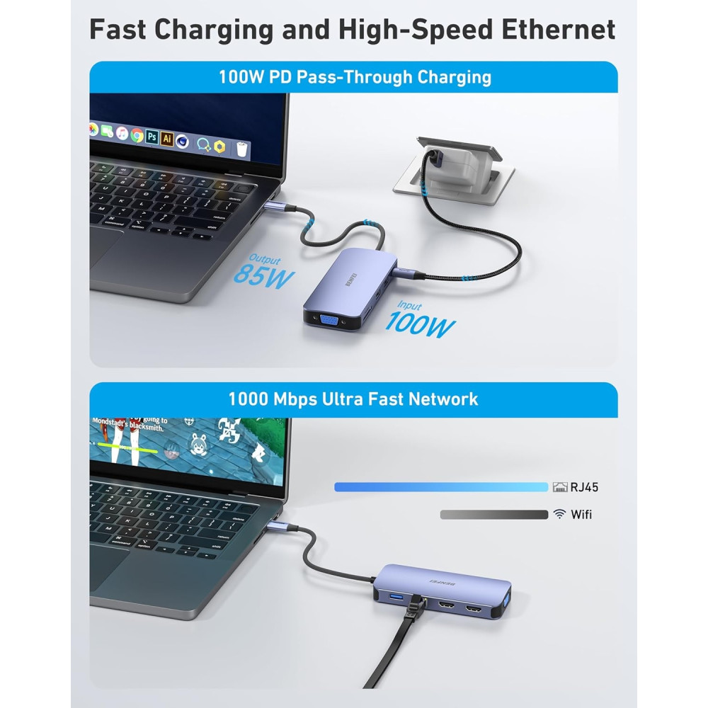 BENFEI 6971785944220 000359GY 11-in-1 USB C Hub Triple Display Docking Station Dual HDMI, VGA, 3*USB 3.0, 10Gbps - Image 3