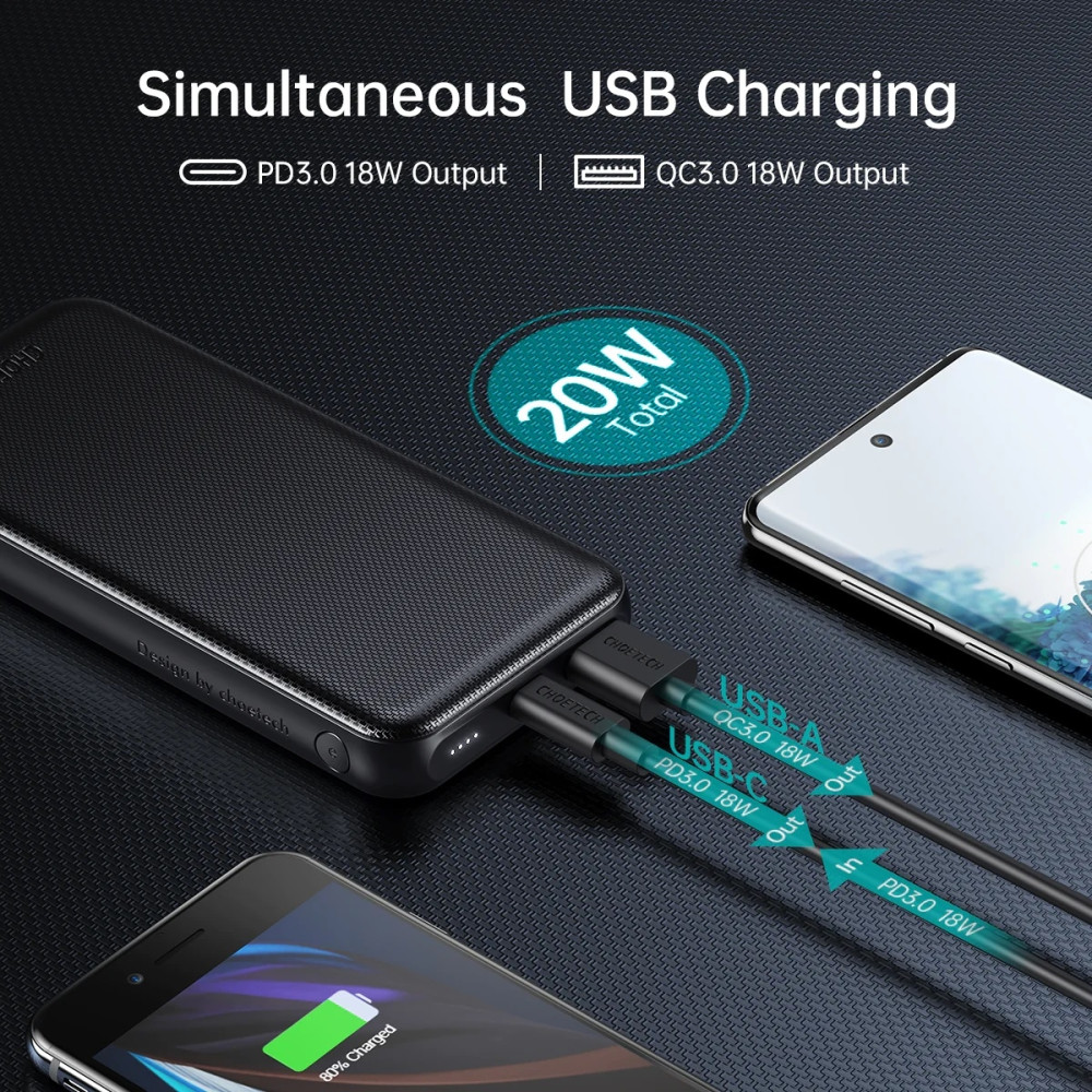 Choetech 6932112101174 B627 10000mAh PD 20W + QC Power Bank | 0.5M USB-C to USB-C Cable | Black - Image 5