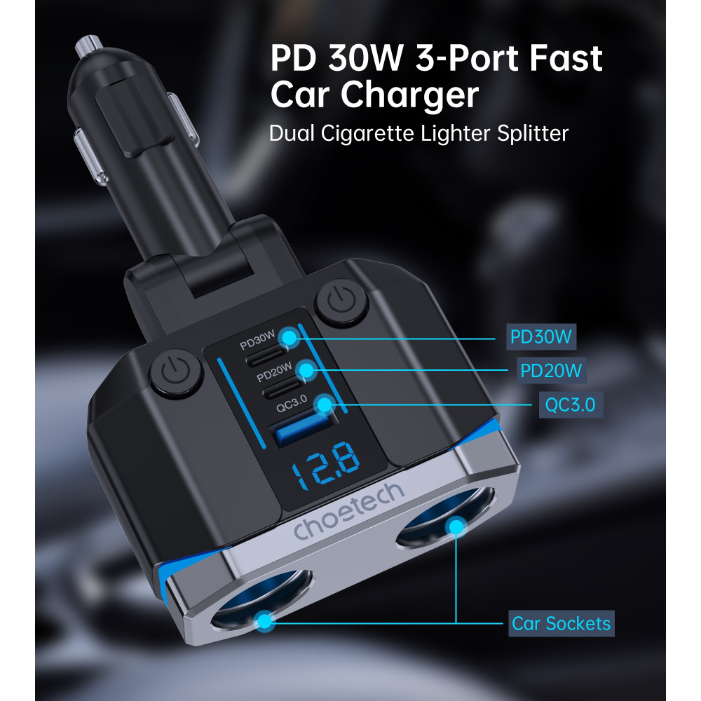 Choetech 6932112105905 TC0020 45W 2 Sockets + 2x USB-C + 1x USB-A Cigarette Lighter Splitter - Image 9