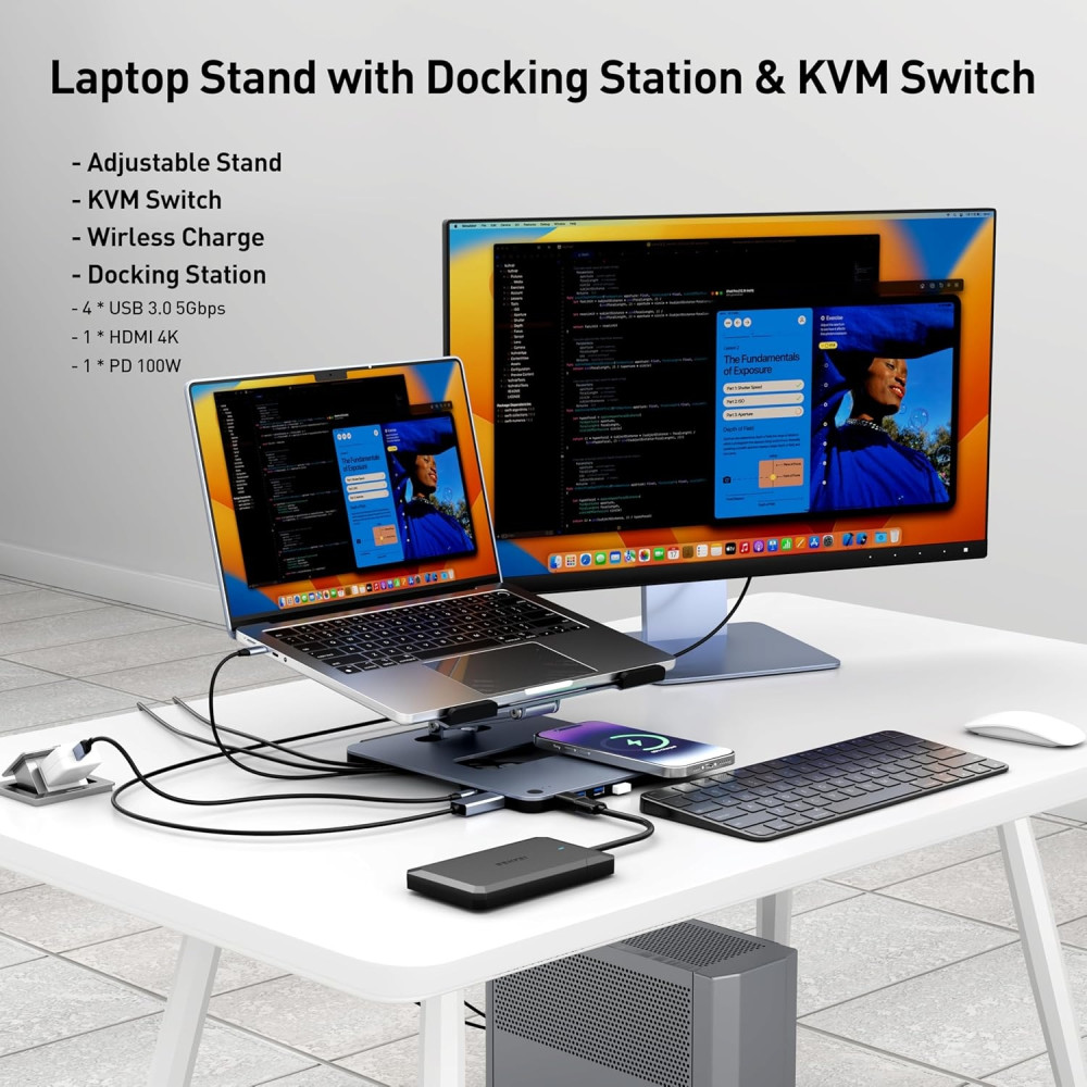 BENFEI 6971785943414 000366GY Laptop Stand with USB C Hub, Multi Function With USB and KVM Switch and 15W Wireless Charger - Image 2