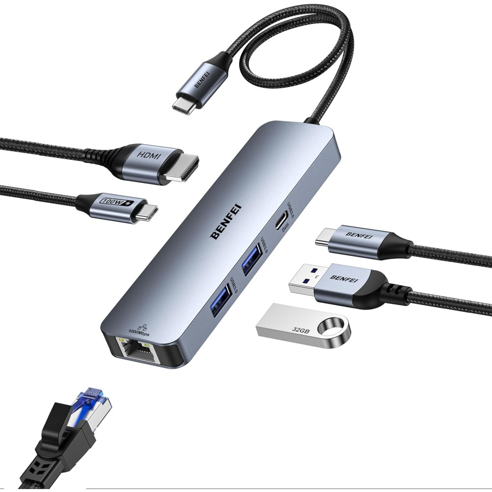 BENFEI B0DC73445L 000379GY 6-in-1 USB C Hub with 4K HDMI / 2 x USB-A / USB-C 5Gbps Data / 100W PD / Gigabit RJ45 for I-phone15/16 / Mac /PC - Image 1