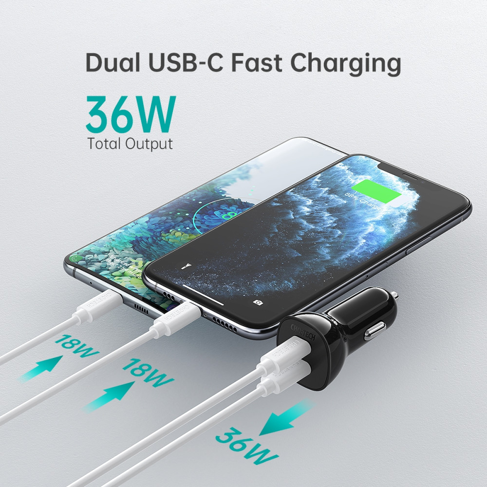 Choetech 6971824977134 TC0008-BK 36W Dual USB-C Car Fast Charger PD 3.0 QC 3.0 Black - Image 5