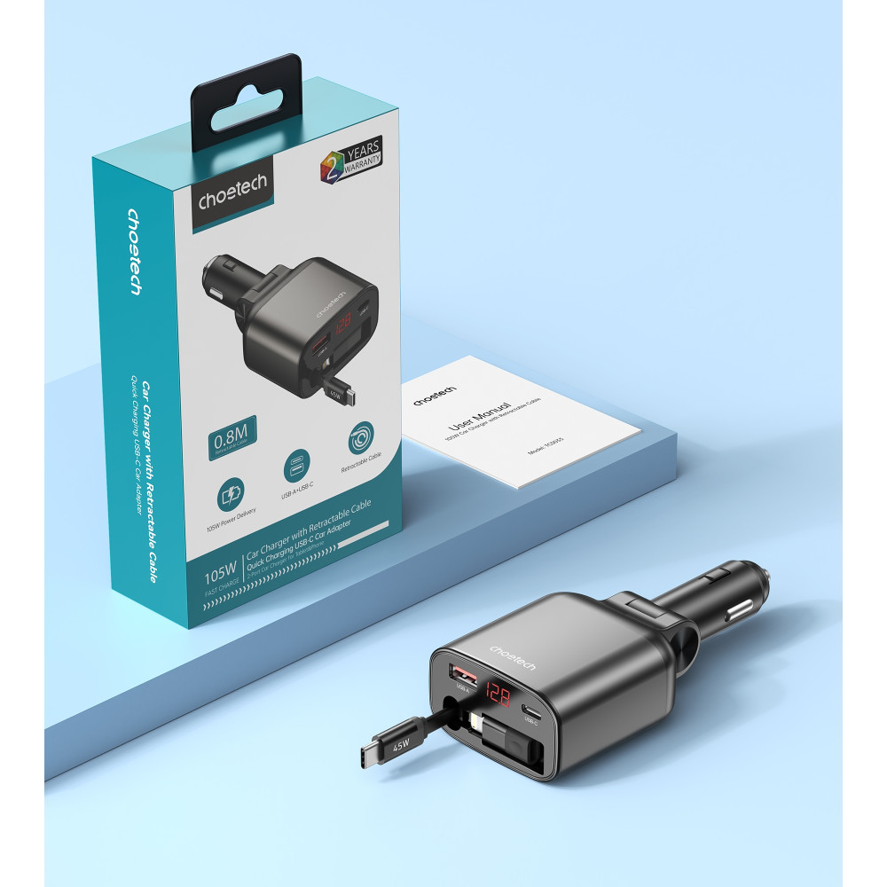 Choetech 6932112110602 TC0033 105W USB-C+USB-A Fast car charger with Stretchable USB-C + Lightning cables - Image 4