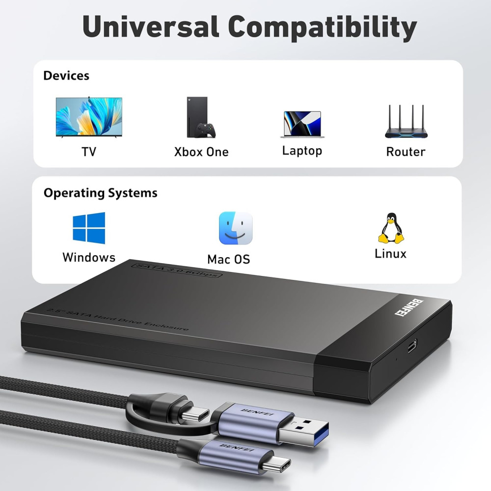 BENFEI 6971785944022 000385BK 2.5 Inch SATA to USB-A + USB-C Tool Free External Hard Drive Enclosure (6Gbps, Optimized for SSD, Support UASP SATA III) - Image 7