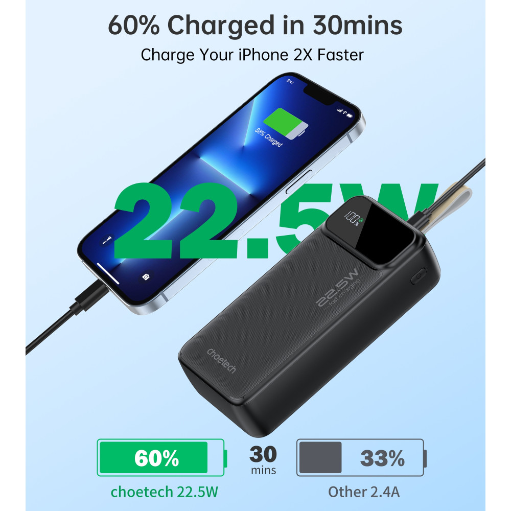 Choetech 6932112106858 B730 30000mAh Power Bank PD22.5W with Digital Display Black - Image 5