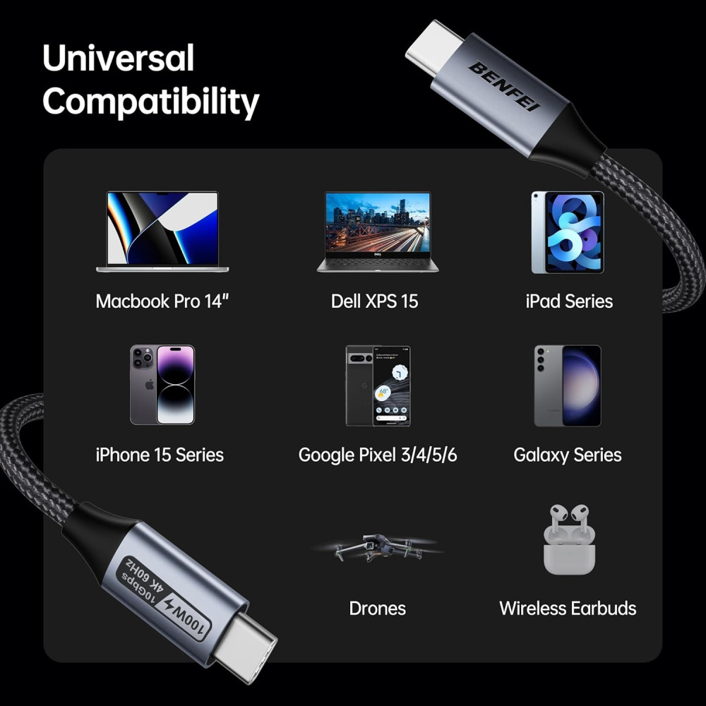 BENFEI 6971785943551 000383GY USB-C to USB-C Cable Gen2 (4K@120Hz), 100W PD Fast Charging, 10Gbps Data Transfer for I-phone 15/16/17 and Samsung / Google phone 1M - Image 8
