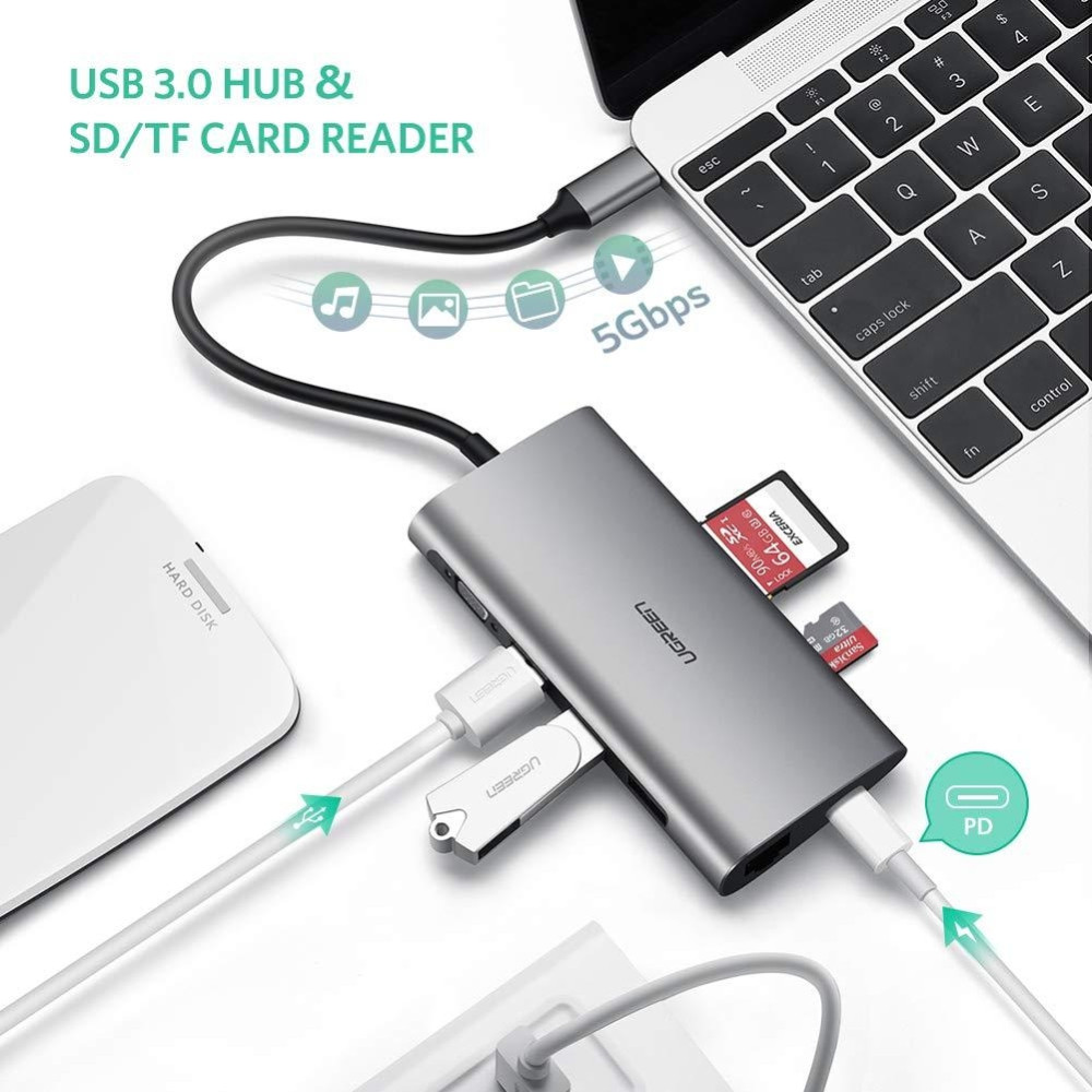 UGREEN 6957303855391 50539 USB Type C 8 in 1 Multifultion adaptor VGA/RJ45/USB3.0 x 3/SD/TF/TypeC PD Protocal