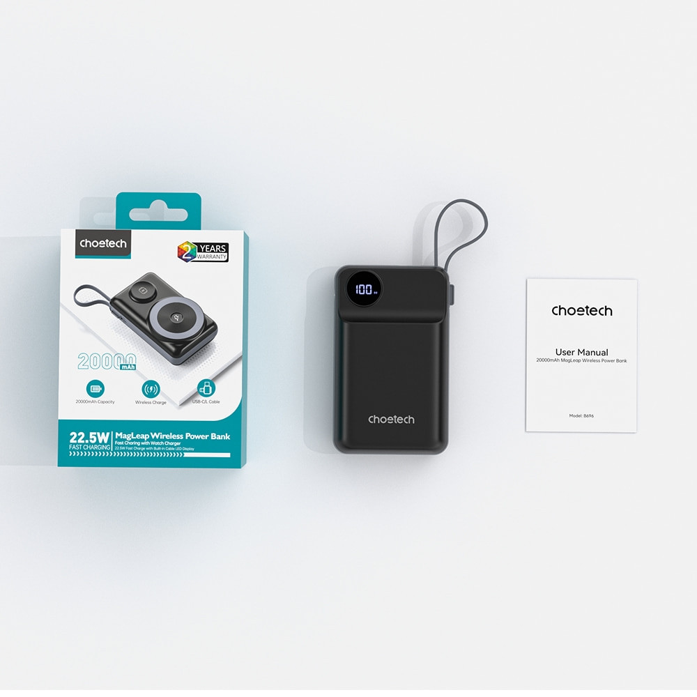 Choetech 6932112107947 B696-BK 20000mAh 22.5W USB-A + USB-C x 2 + MagLeap Wireless Charge Power Bank - Image 3