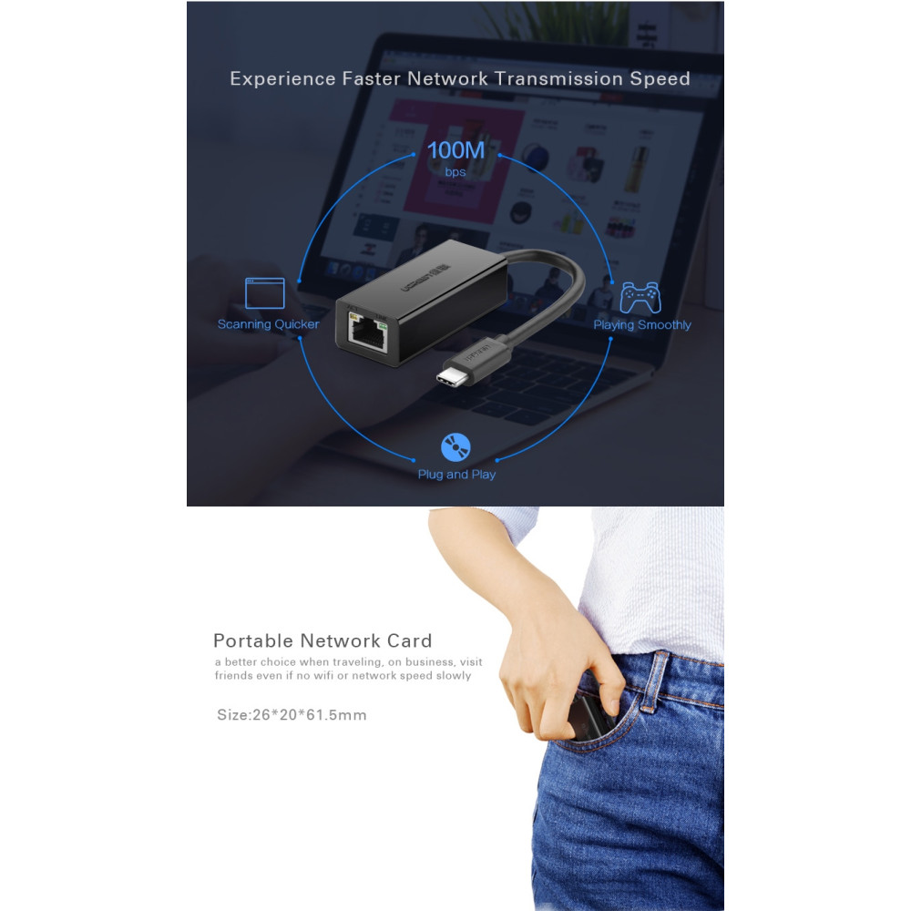 UGREEN 6957303832873 30287 Type C 10/100Mbps Ethernet Adapter 110mm (Black) - Image 4