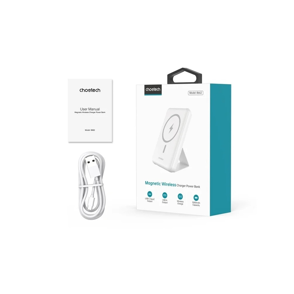 Choetech 6932112105196 B662-WT USB-A + USB-C + Wireless Magnetic Power bank 5000mAh (White ) - Image 9