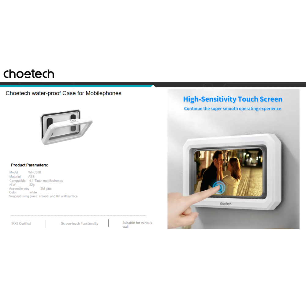 Choetech 6932112103765 WPC008 IPX7 Waterproof Phone Holder for Shower Bathroom 6.7" White - Image 8