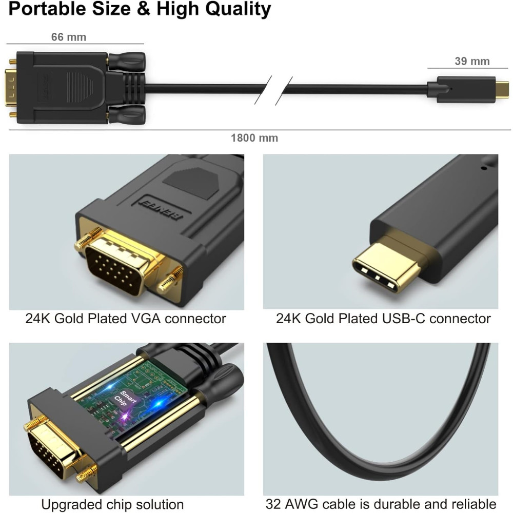 BENFEI B07HF9BQJD B 000204BK-6F USB-C to VGA Cable Thunderbolt3 1.8M for MacBook, Samsung, Surface Book 2, Dell XPS 13/15, Pixelbook and More - Image 6