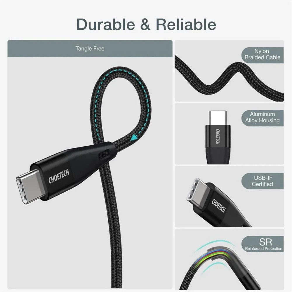 Choetech 6971824975673 XCC-1003 USB-C to USB-C Cable 60W 20V 3A Braided Fast Charging Cable 1.2M - Image 2