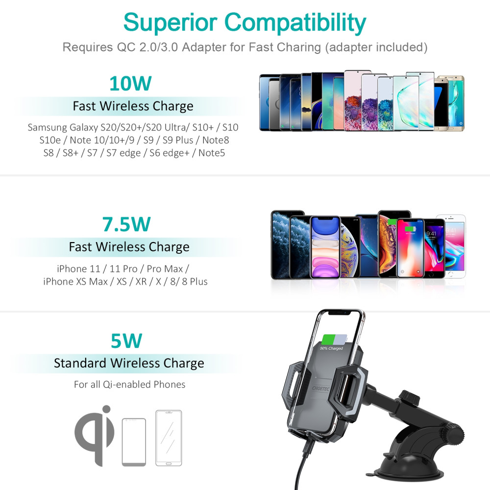 Choetech 6971824970241 T521-S Qi Certified10W Fast Wireless Car Charger Stand for all Qi wireless phone, Black - Image 7