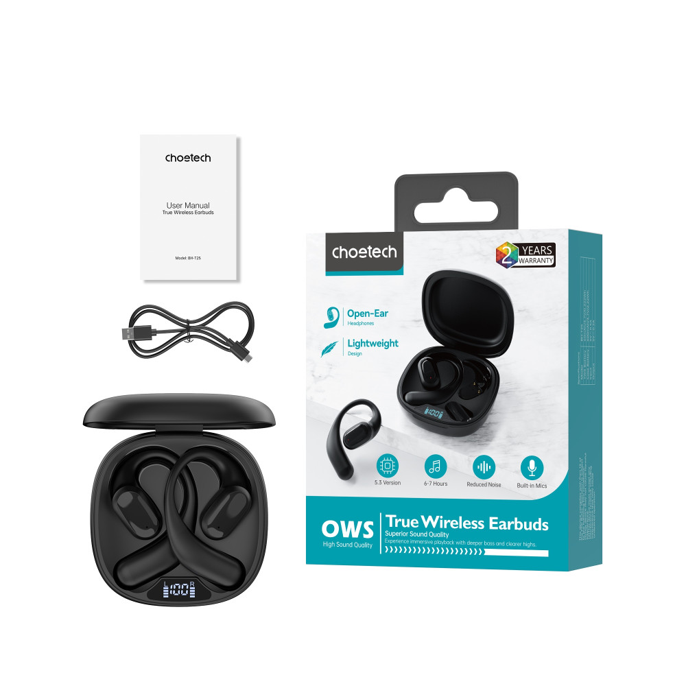 Choetech 6932112107213 BH-T25 OWS Painless new Concept Bluetooth V5.3 TWS Play time: 6 hours - Black - Image 4