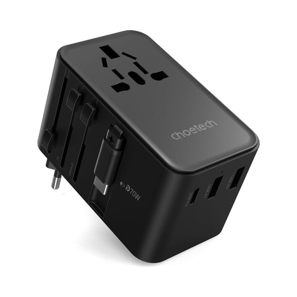 Choetech 6932112106896 PD5022 70W EU/US/AUS/UK Travel Adapter with Built-in USB-C Cable - Black - Image 1