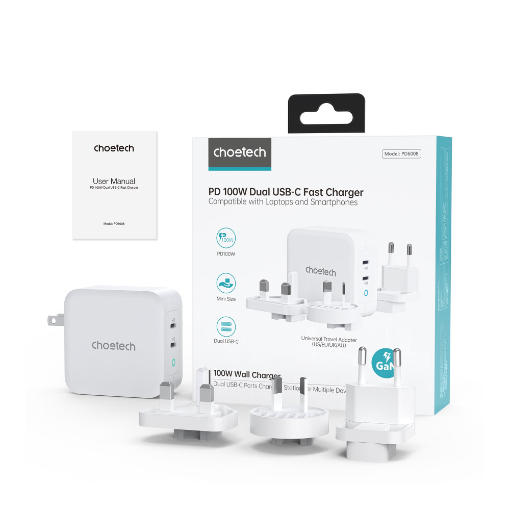 Choetech 6932112105868 PD6008 GAN dual USB-C 100W AC adapter + Free travel charger ( US/EU/UK/AU) White - Image 6
