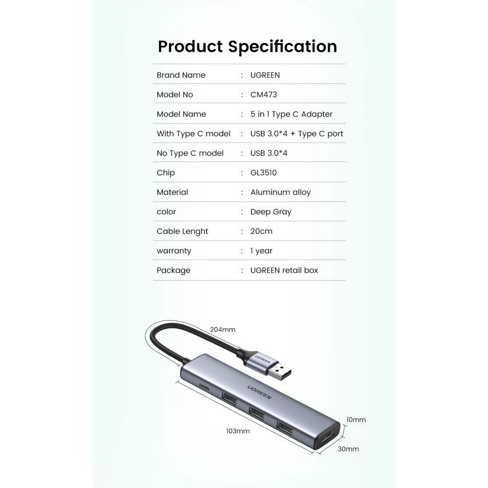 UGREEN 6957303828050 20805 USB 3.0 A 4 Ports HUB With USB-C Power Port - Image 6