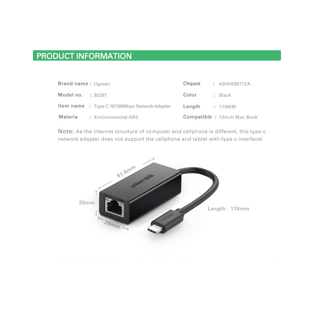 UGREEN 6957303832873 30287 Type C 10/100Mbps Ethernet Adapter 110mm (Black) - Image 1