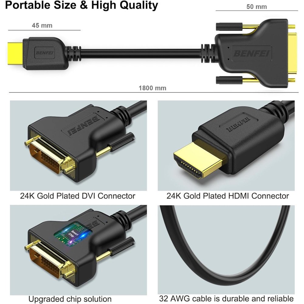 BENFEI B07D6RL3VN 000189black HDMI Male to DVI-D 24+1 Male Bi Directional High Speed Cable 1.8M - Image 6