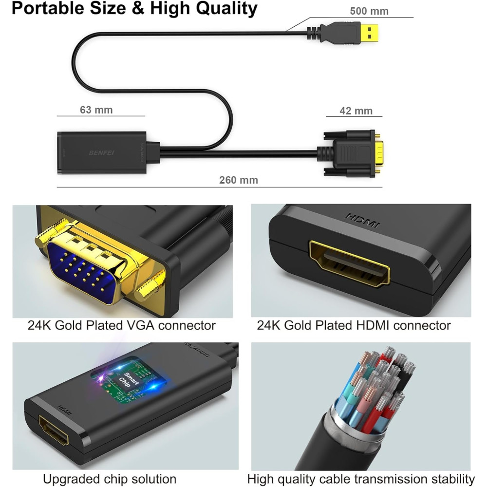 BENFEI B07K14NR8P 000210BK VGA to HDMI Adapter with Audio Support and 1080P Resolution - Image 2