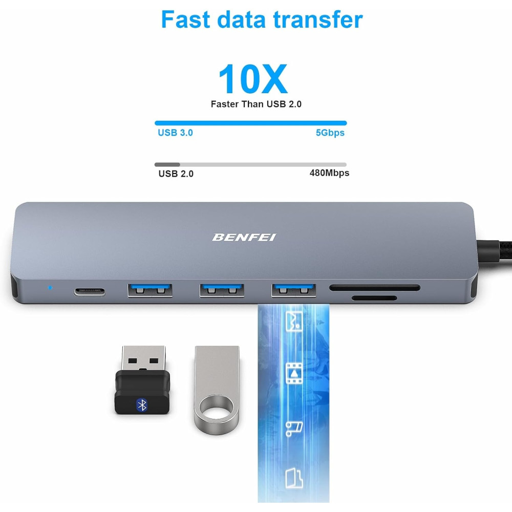 BENFEI 6971785943032 000307GY USB-C 7in1 Multi-port HUB with USB-C to HDMI, SD/TF Card Reader/3*USB 3.0/60W PD