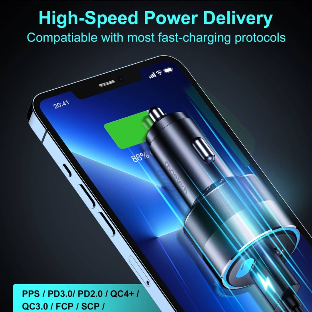 Choetech 6932112102966 TC0011 130W 3-Port Car Charger 100W USB-C PD for MacBook Pro/iPhone - Image 4