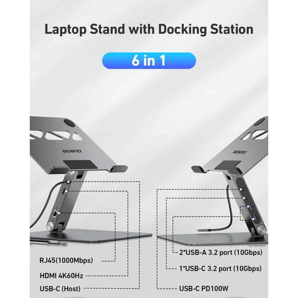 BENFEI 6971785944763 000398GY Laptop Stand + USB-C 6in1 HUB HDMI+USB-C(10G)+RJ45+2*USB-A(10G)+PD - Image 2