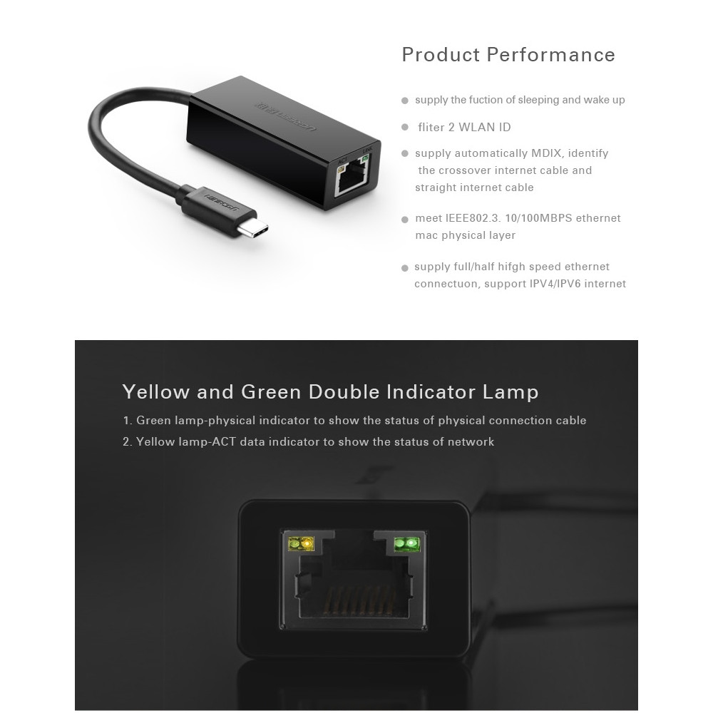 UGREEN 6957303832873 30287 Type C 10/100Mbps Ethernet Adapter 110mm (Black) - Image 5