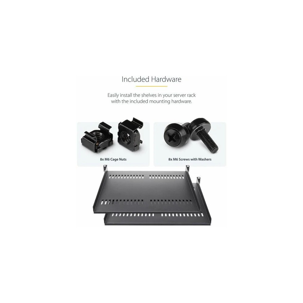 StarTech CABSHELF116V2PK 1U Server Rack Cabinet Shelf - Fixed 16" Deep Cantilever Rackmount Tray for 19" Data/AV/Network Enclosure w/Cage Nuts, Screws - 1U 19" Server rack cantilever vented shelf; 2-Pack - EIA/ECA-310 compliant for a universal 1 - Image 7