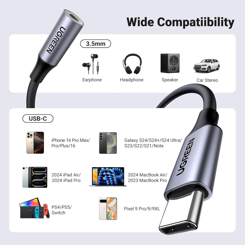 UGREEN 6957303881543 80154 USB-C to 3.5mm M/F Cable Braided 10cm Support Samsung & I-phone 15/16/17 (Space Gray) - Image 5