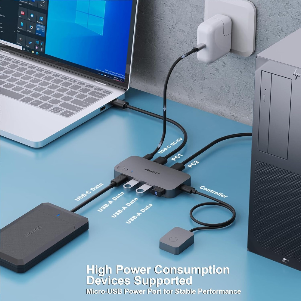 BENFEI 6971785943513 000376BK USB 3.0 Switch, USB Switcher 2 Computers Share 3*USB 3.0 and 1*USB C with Remote - Image 2