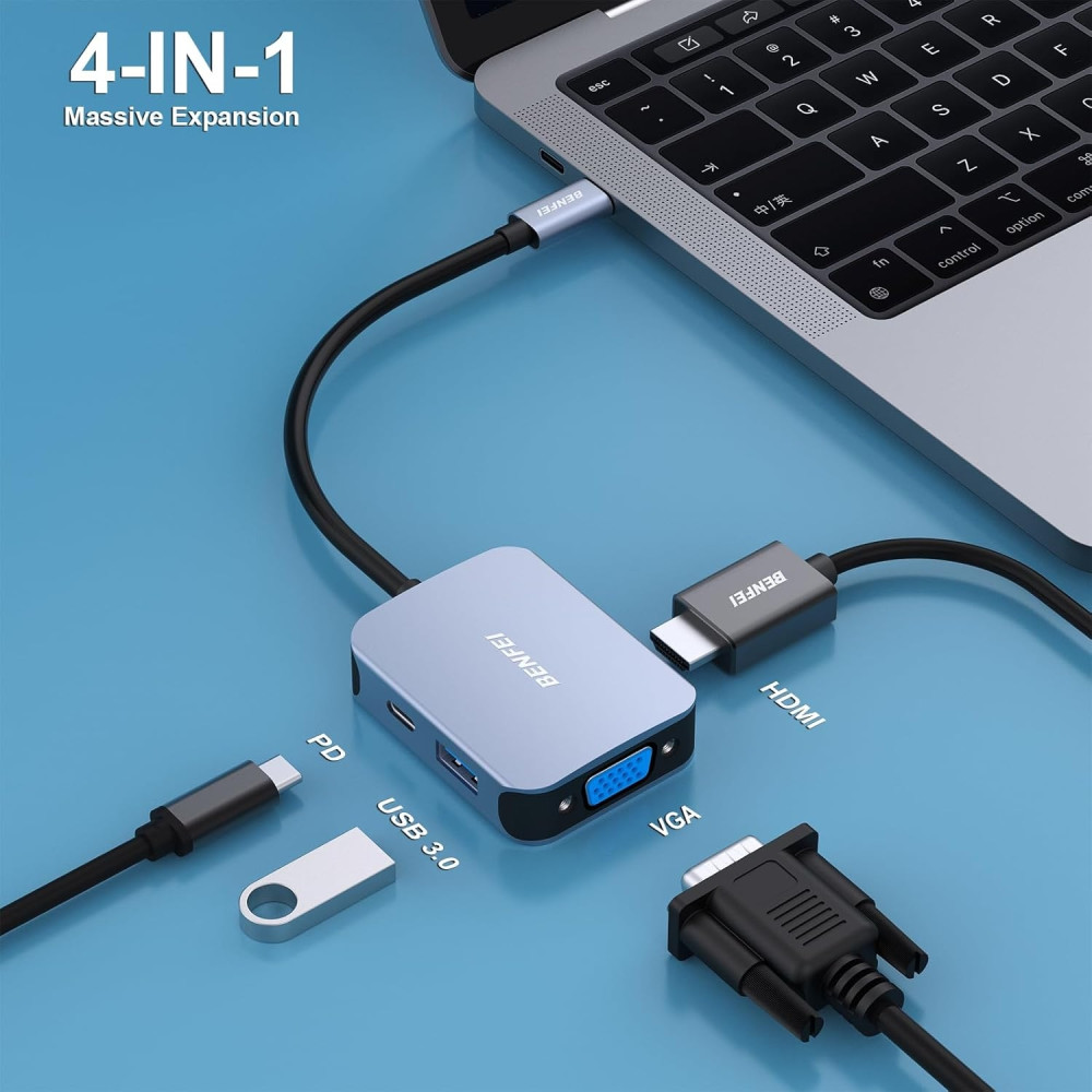 BENFEI B0CJPR27KX 000310GY USB-C 4in1 HUB - USB-C to HDMI / VGA / USB3.0 / USB-C PD Adapter Compatible with MacBook / Surface Book / Pixelbook - Image 3