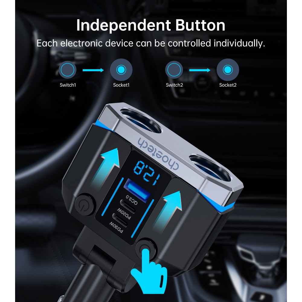 Choetech 6932112105905 TC0020 45W 2 Sockets + 2x USB-C + 1x USB-A Cigarette Lighter Splitter - Image 6