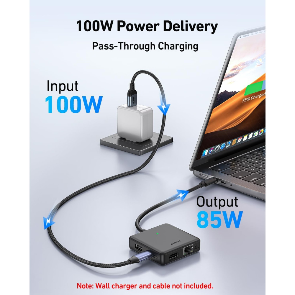 BENFEI 6971785944756 000399BK 6 In 1 USB-C HUB to HDMI (8K) + USB3.2 (10Gbps) +USB2.0 x 2 + PD100W + RJ45 Black - Image 6