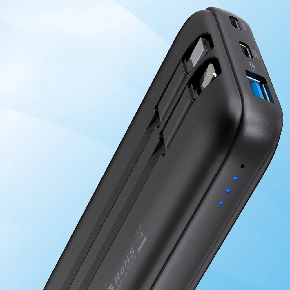 Choetech 6932112106087 B654 10000mAh Pwer Bank 22.5W USB-A / USB-C / micro USB with built-in USB-C / Lightning cable - black - Image 3