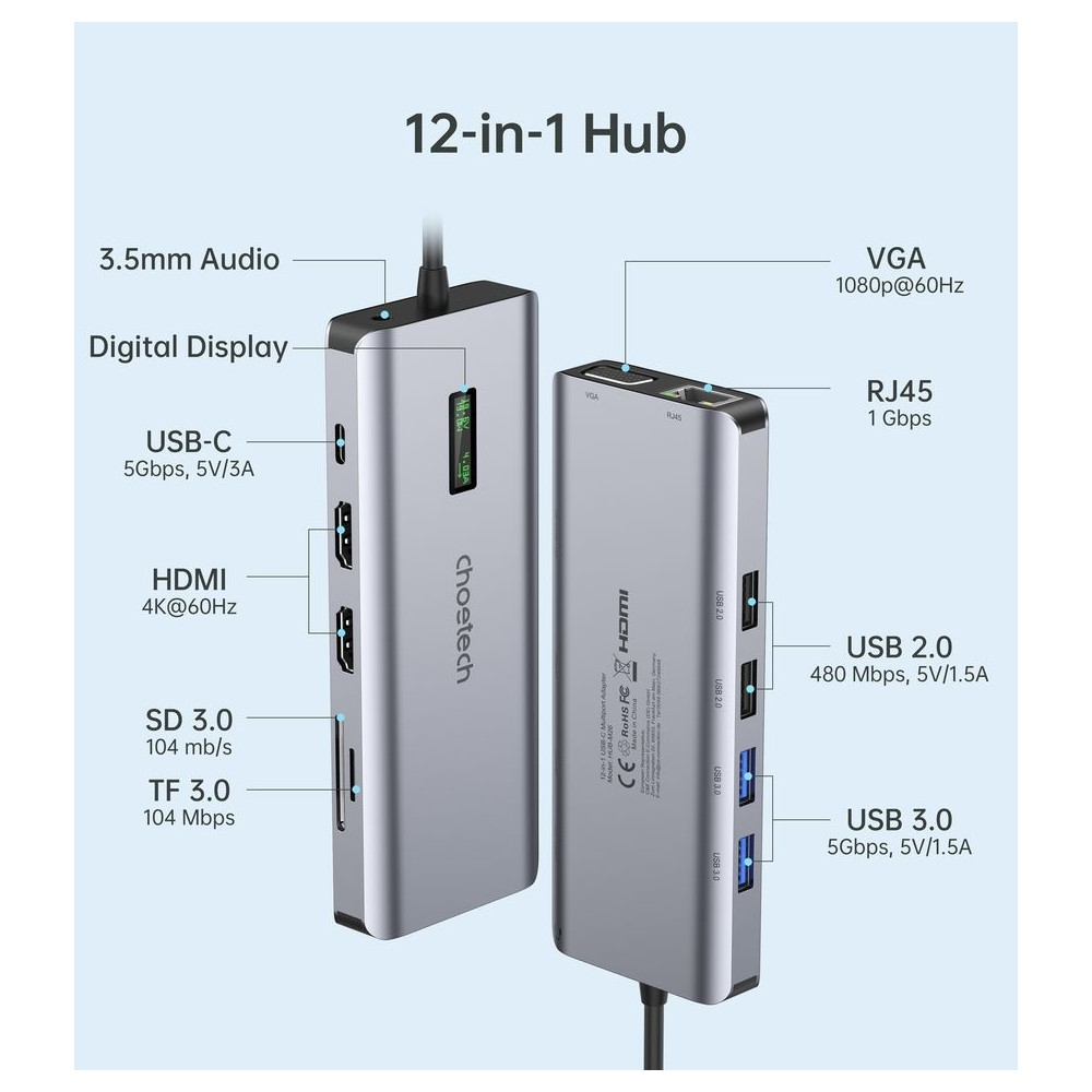 Choetech 6971824978292 HUB-M26 12-in-1 USB-C Multiport adapter - Image 2
