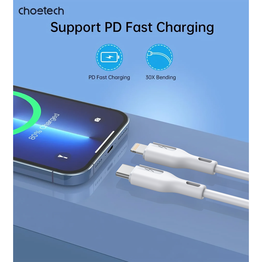 Choetech 6932112106445 XCL-0002 1m Silicone USB-C to Lightning Cable Fast Charging White - Image 5
