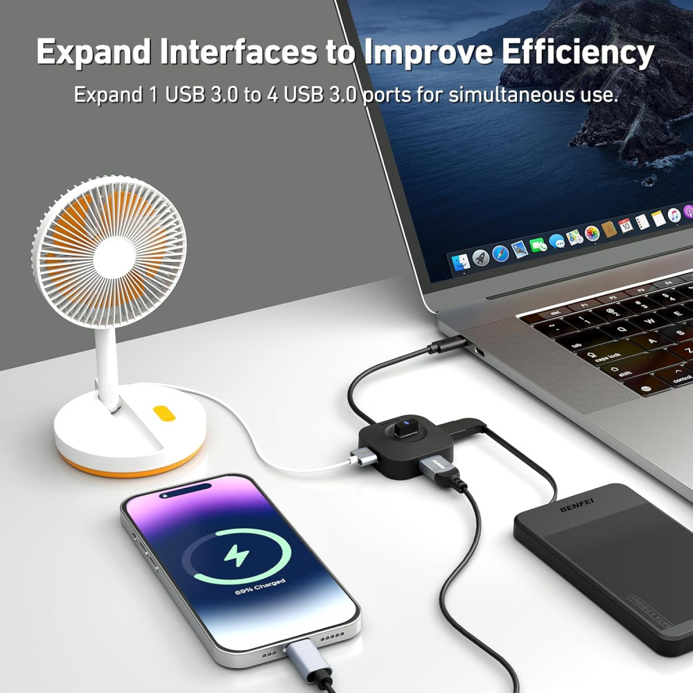 BENFEI B0D96KFQXL 000371BK USB-C Hub, 4 Ports USB 3.0 Hub with 5Gbps Data Transfer for MacBook, Mac Pro, iMac, Surface, XPS, Flash Drive, Mobile HDD - Image 3