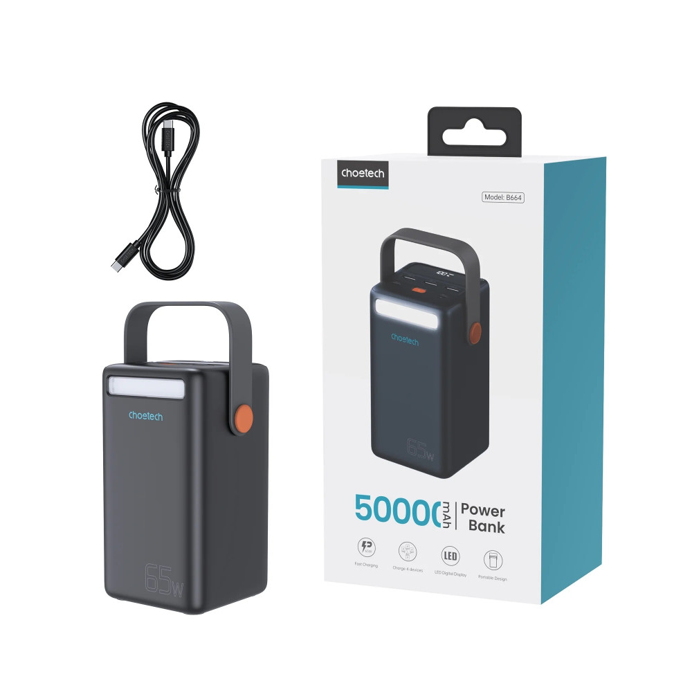 Choetech 6932112104786 B664 50000mAh PD65w 2 inputs & 4 Outputs + LED Flashlight + LCD Display Power Bank - Image 6
