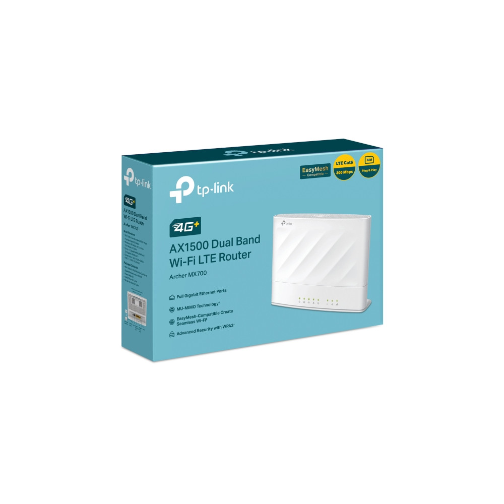 TP-LINK ARCHER MX700 4G+ AX1500 Dual Band Wi-Fi LTE Router with Cat6 300 Mbps 4G+, AX1500 dual-band, nano SIM, 1×WAN/LAN + 3×LAN, and external antenna - Image 1