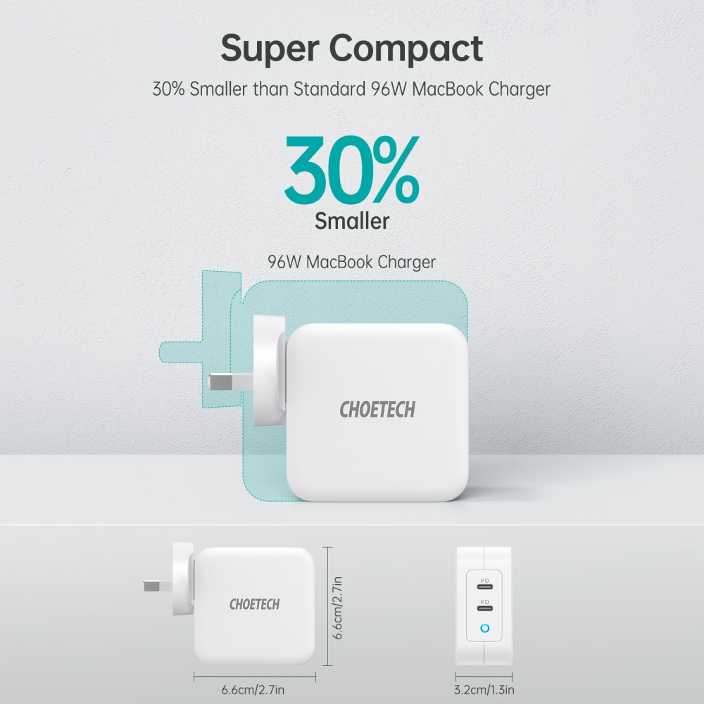 Choetech 6932112105868 PD6008 GAN dual USB-C 100W AC adapter + Free travel charger ( US/EU/UK/AU) White - Image 4