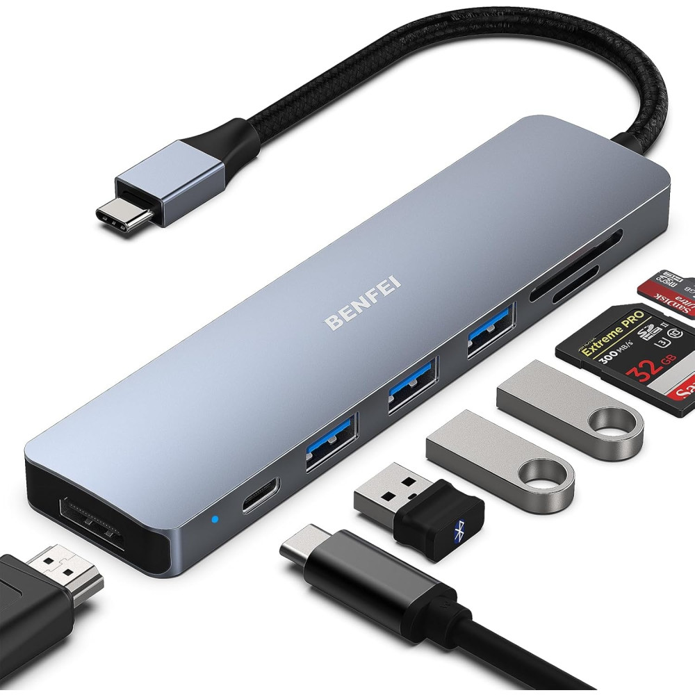 BENFEI 6971785943032 000307GY USB-C 7in1 Multi-port HUB with USB-C to HDMI, SD/TF Card Reader/3*USB 3.0/60W PD