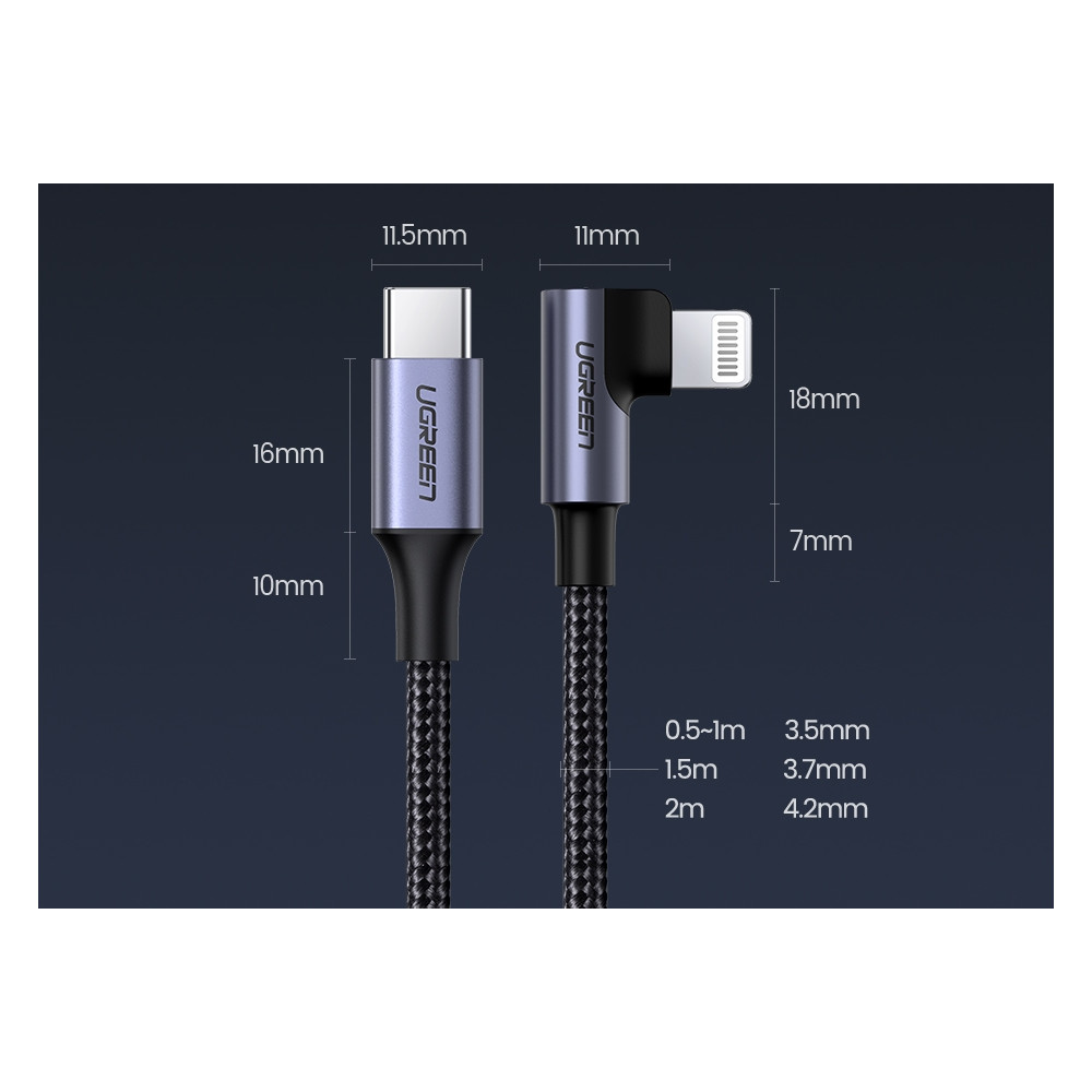 UGREEN 6957303867639 60763 USB-C to Lightning 90 Degree Cable 1M - Image 2