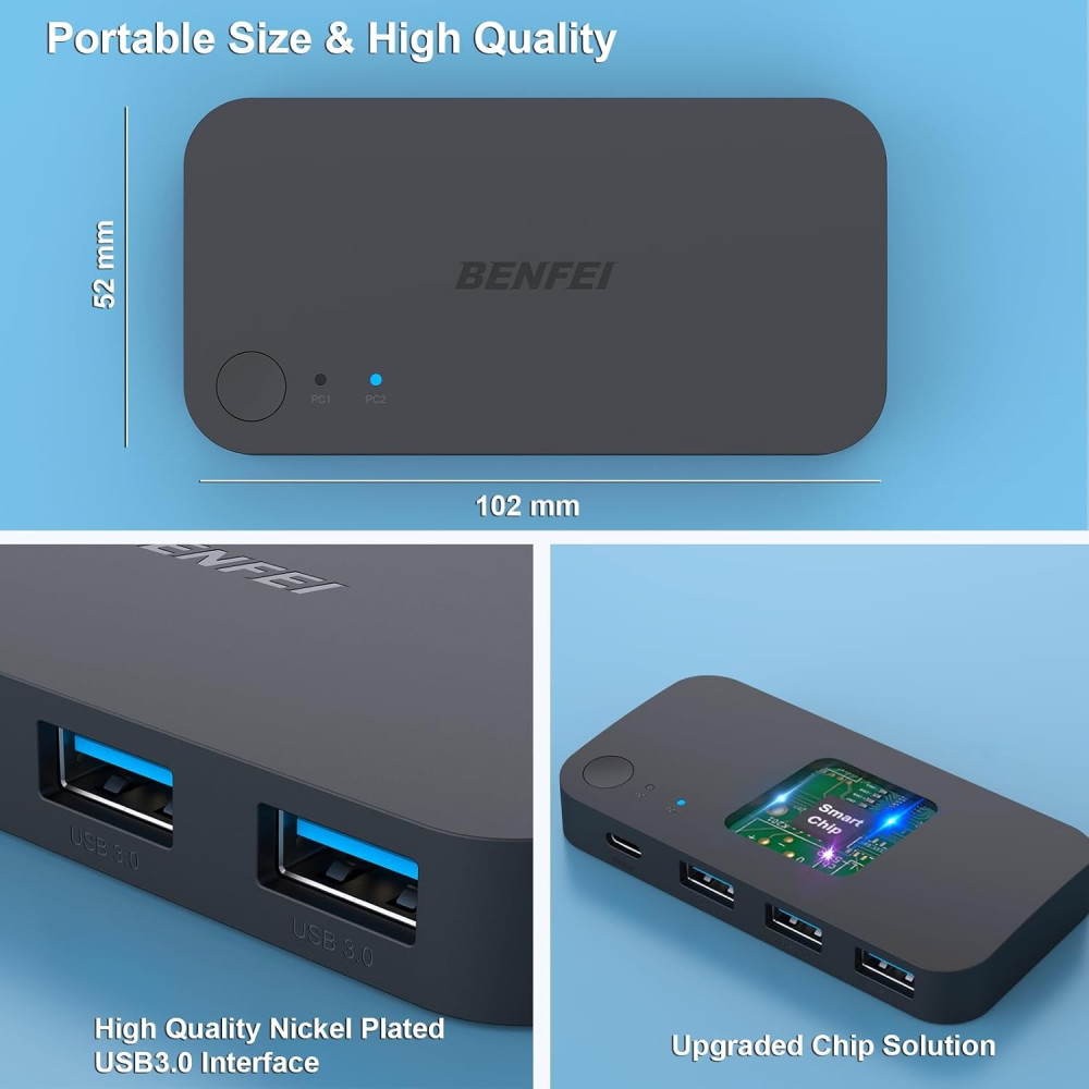 BENFEI 6971785943513 000376BK USB 3.0 Switch, USB Switcher 2 Computers Share 3*USB 3.0 and 1*USB C with Remote - Image 7