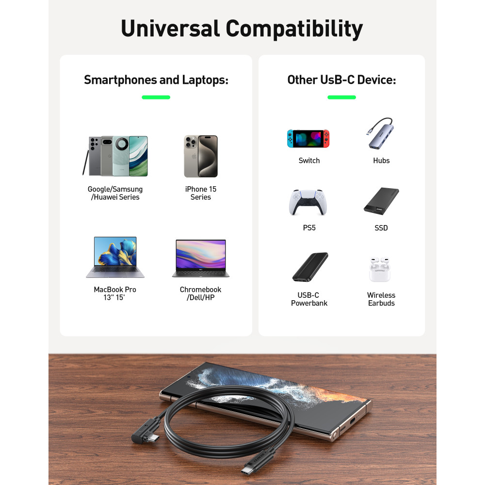 BENFEI 6971785944497 000428BK-1M USB-C to Right Angle USB-C Cable , 90° Angled USB-C 3A Fast Charging Cable Data Sync, Durable PVC Black 1M - Image 5