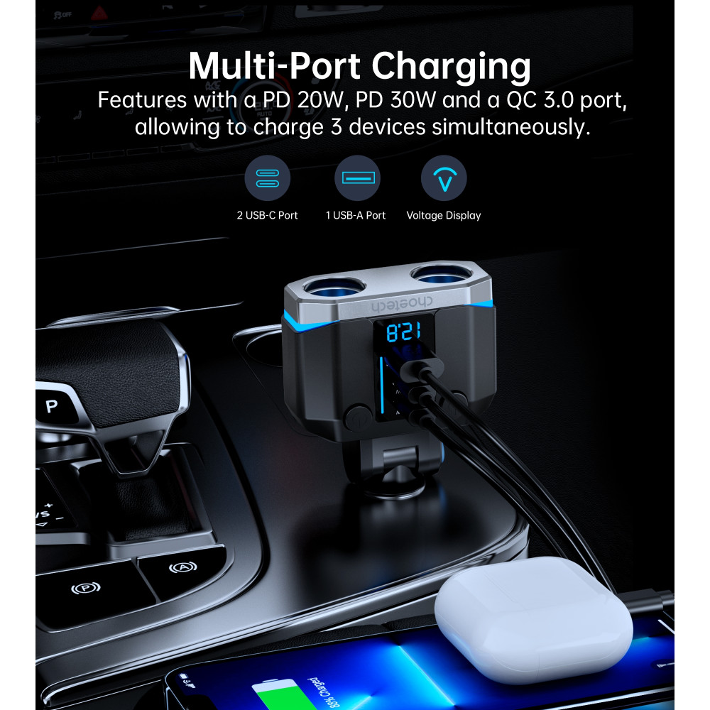 Choetech 6932112105905 TC0020 45W 2 Sockets + 2x USB-C + 1x USB-A Cigarette Lighter Splitter - Image 3