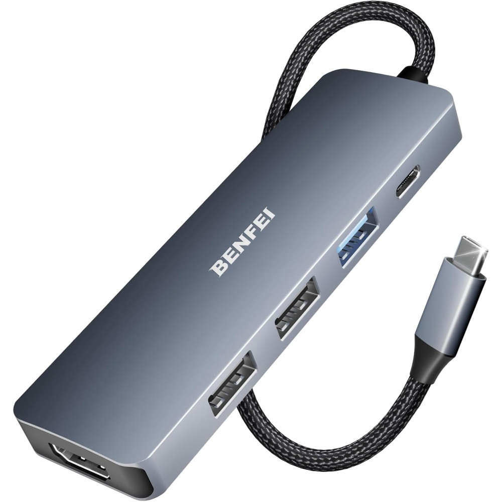 BENFEI B0CSYYKB97 000360GY USB-C Hub 5-in-1 with 4K HDMI(Certified) 3 x USB-A, 100W PD, Silicone and Woven Design Cable, Aluminum Case - Image 1