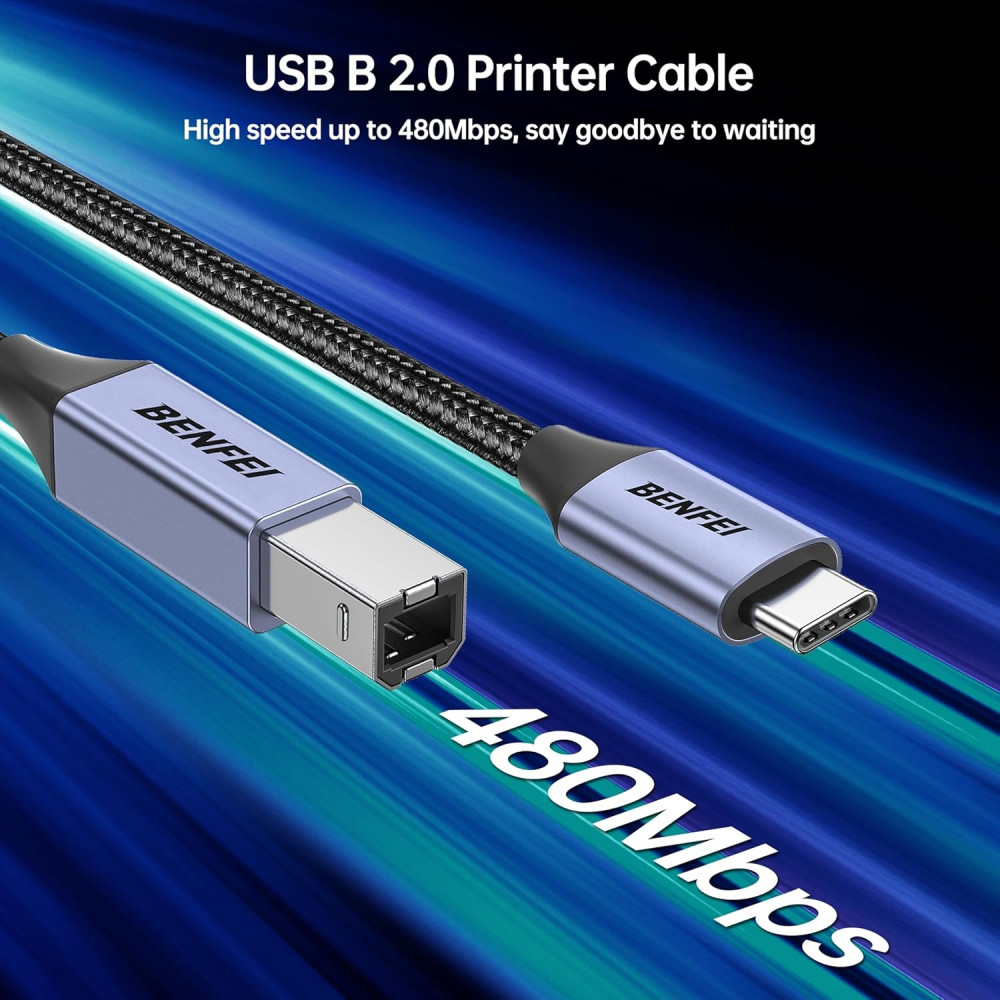 BENFEI 6971785944237 000405GY-1.5M USB B to USB C Printer Cable, Nylon Braided, Premium Aluminium Alloy Case 1.5M - Image 2